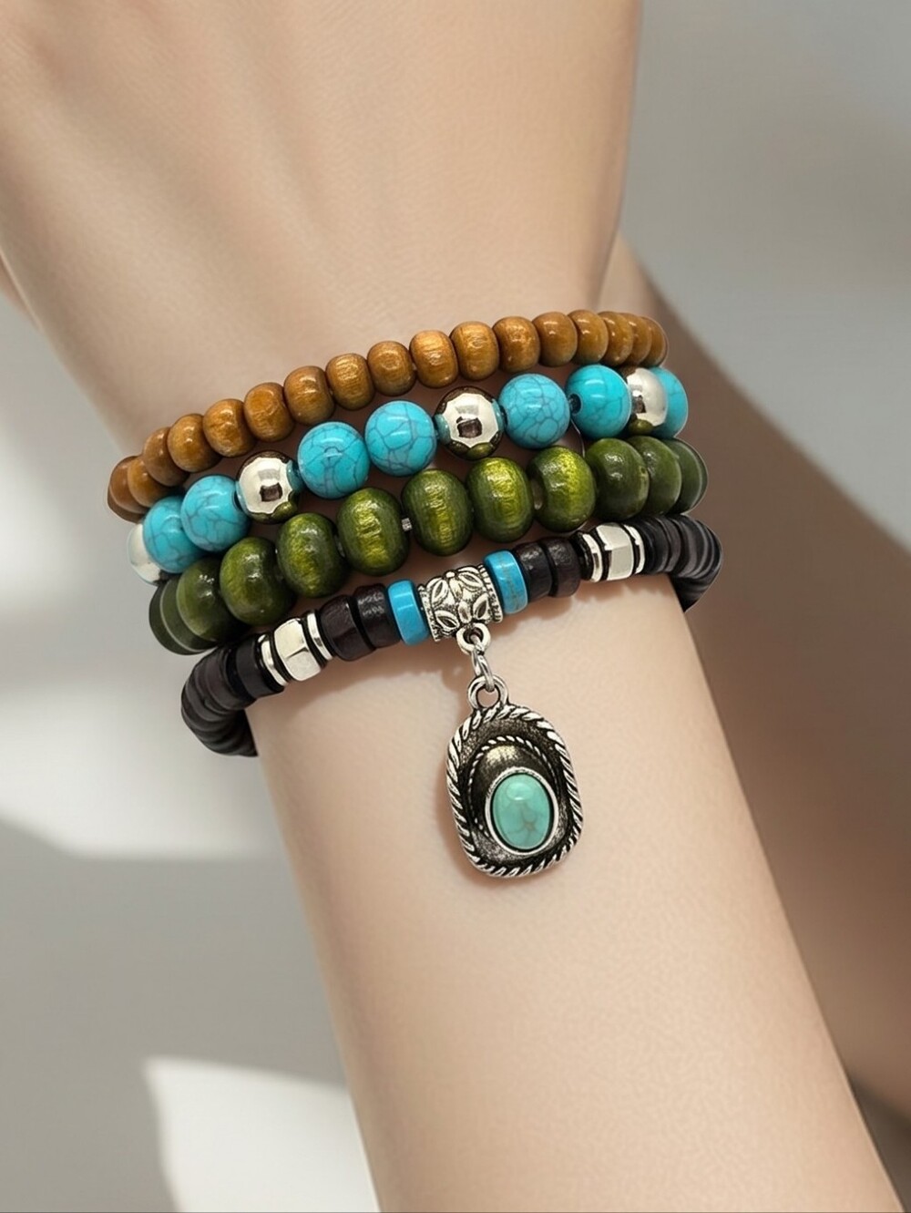 Boho Beaded Stacked Bracelets Set 4 Cowboy Hat Charm Wooden Turquoise Silver NWT
